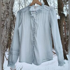 Faherty Willa Top Med Aqua Blue Pastel Org Cotton Peasant Ruffle Eyelet Pintuck